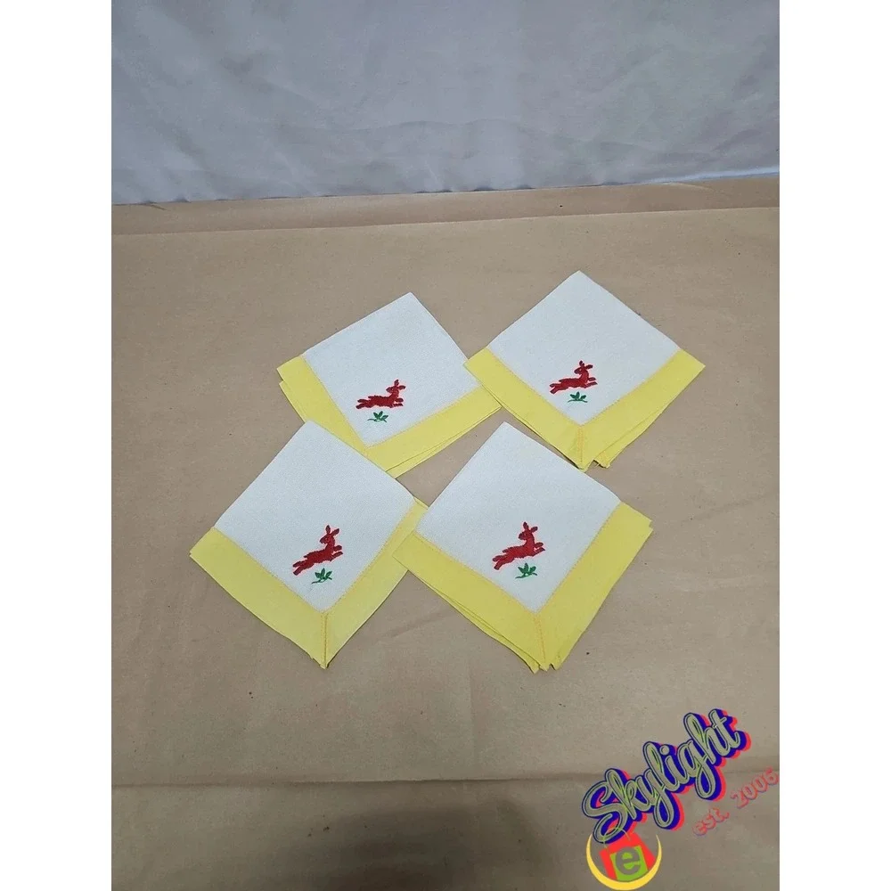 Vintage Lot of‎ 4 Yellow Linen Napkins – Hand Embroidered Beige Rabbit Design